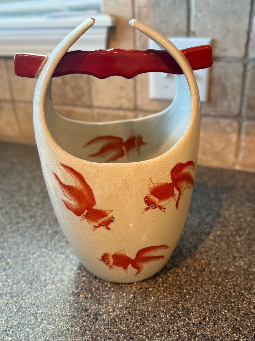 Vintage Gumps San Francisco Asian Goldfish Ceramic Basket Vase Cachepot Rare